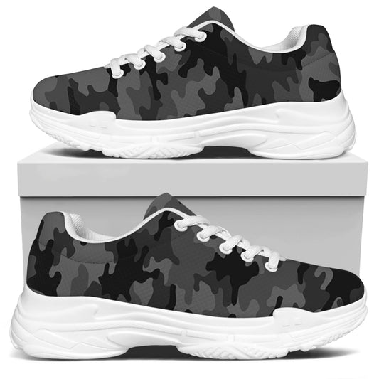 Black And Grey Camouflage Print White Chunky Shoes