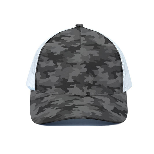 Black And Grey Camouflage Print White Mesh Trucker Cap
