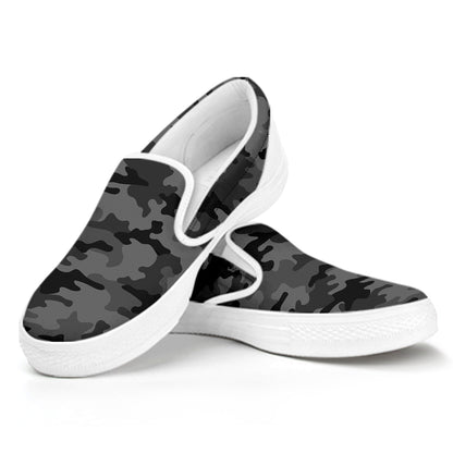 Black And Grey Camouflage Print White Slip On Sneakers