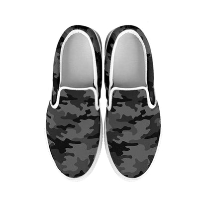 Black And Grey Camouflage Print White Slip On Sneakers