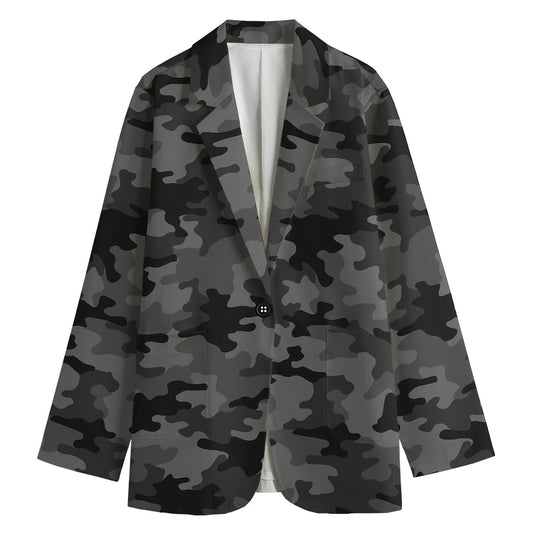 Black And Grey Camouflage Print Women's Blazer