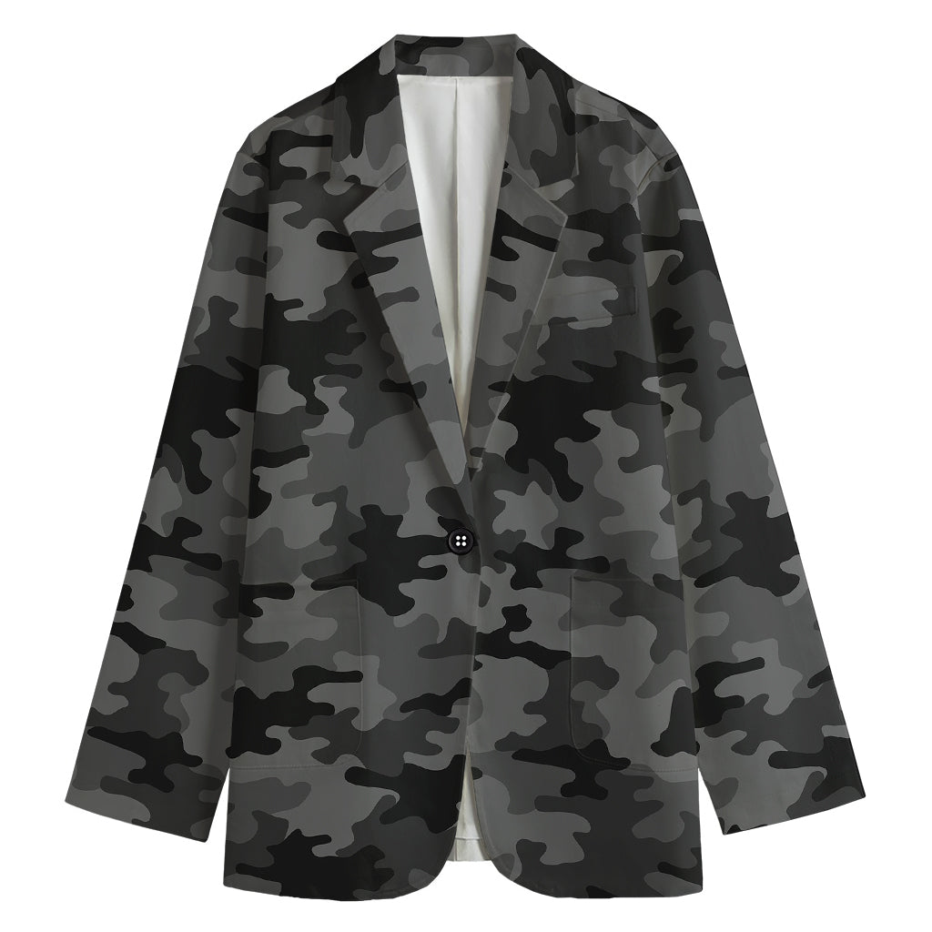 Black And Grey Camouflage Print Women's Cotton Blazer