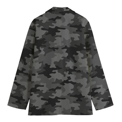 Black And Grey Camouflage Print Women's Cotton Blazer