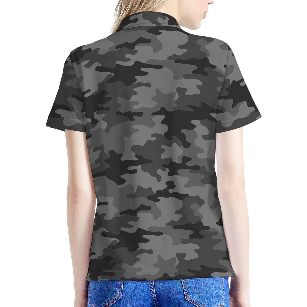 Black And Grey Camouflage Print Women's Polo Shirt