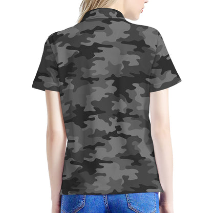 Black And Grey Camouflage Print Women's Polo Shirt