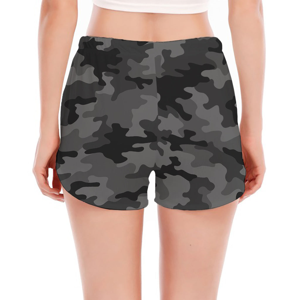Black And Grey Camouflage Print Women's Split Running Shorts