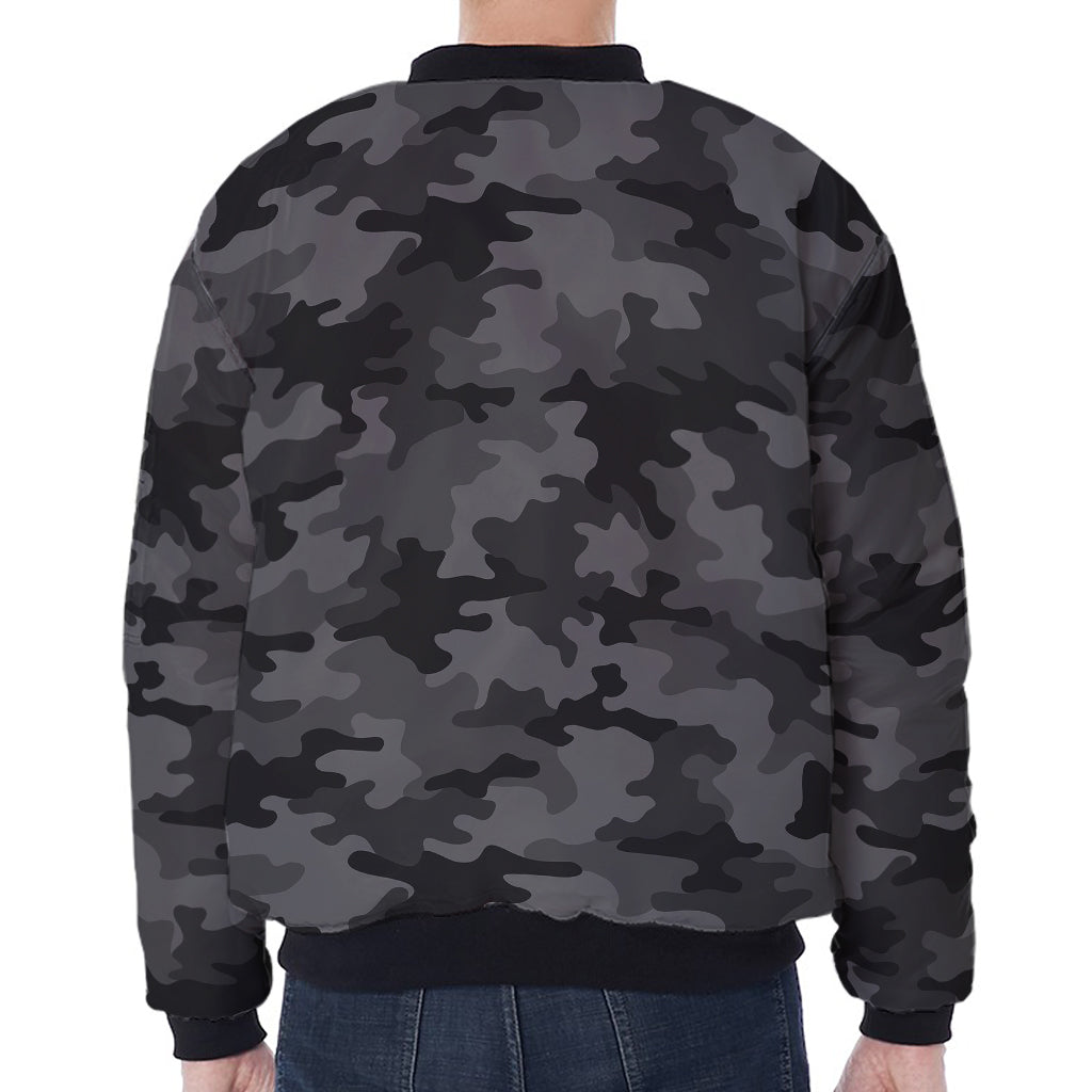 Black And Grey Camouflage Print Zip Sleeve Bomber Jacket