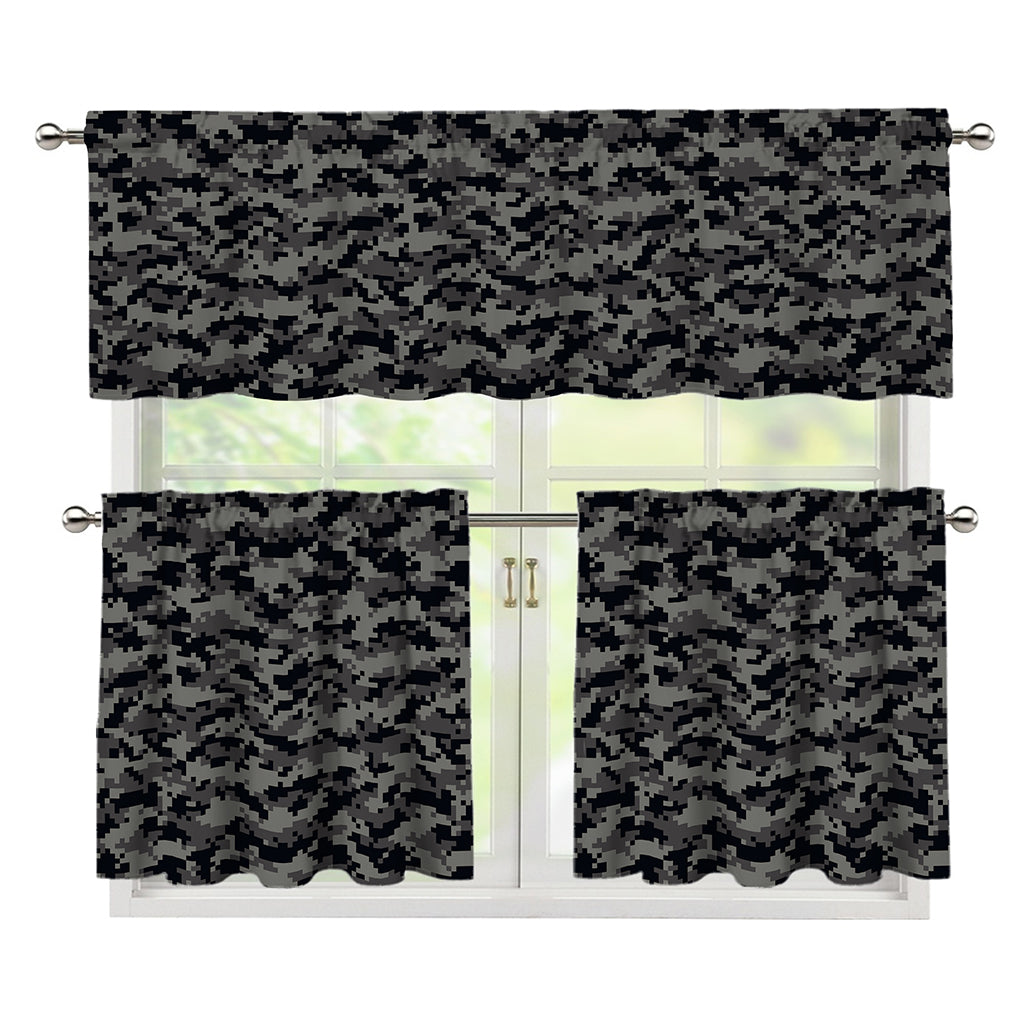 Black And Grey Digital Camo Print 3 Piece Kitchen Curtains