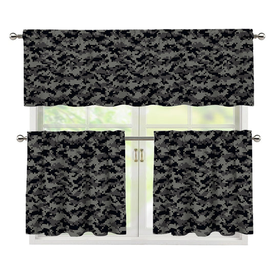 Black And Grey Digital Camo Print 3 Piece Kitchen Curtains