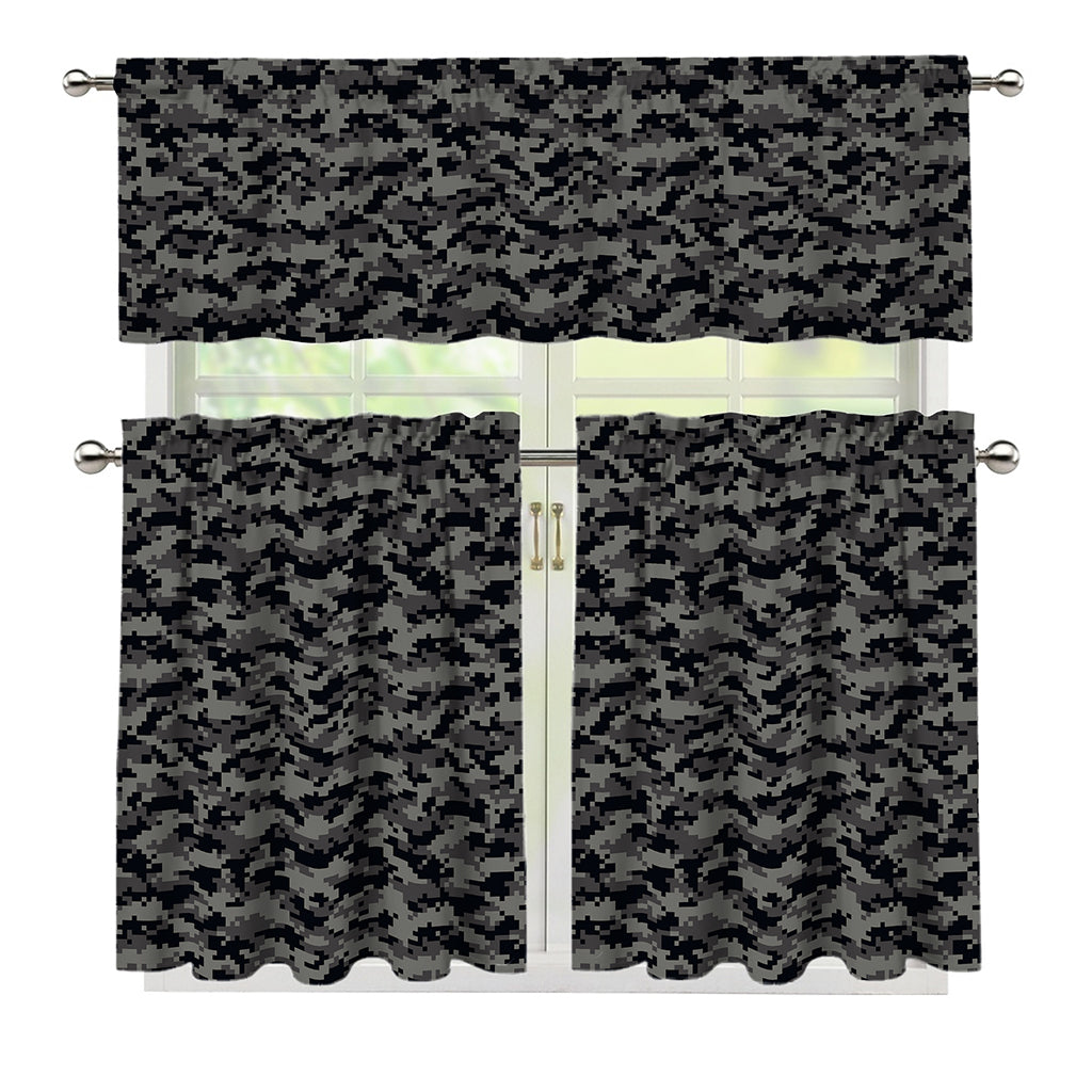 Black And Grey Digital Camo Print 3 Piece Kitchen Curtains