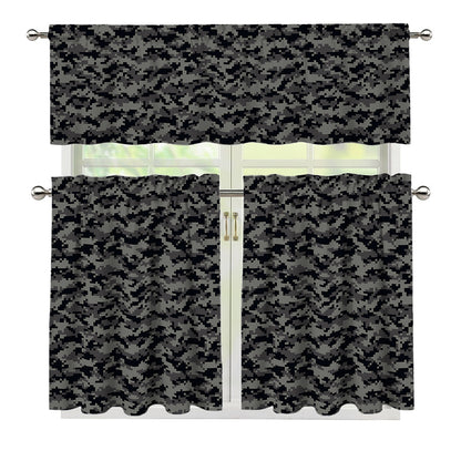 Black And Grey Digital Camo Print 3 Piece Kitchen Curtains