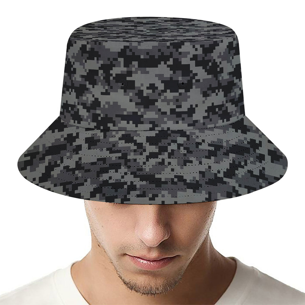 Black And Grey Digital Camo Print Bucket Hat