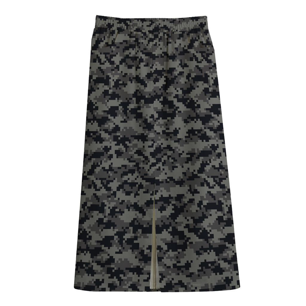 Black And Grey Digital Camo Print Cotton Front Slit Maxi Skirt