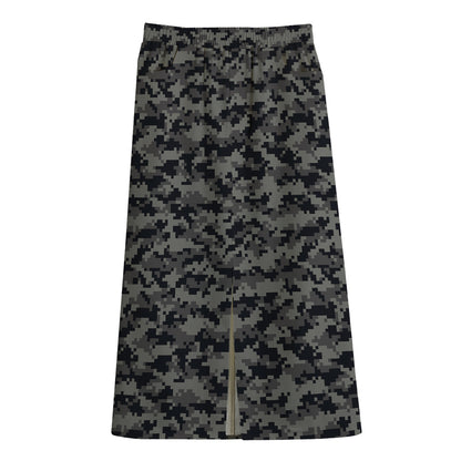 Black And Grey Digital Camo Print Cotton Front Slit Maxi Skirt