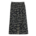 Black And Grey Digital Camo Print Cotton Front Slit Maxi Skirt