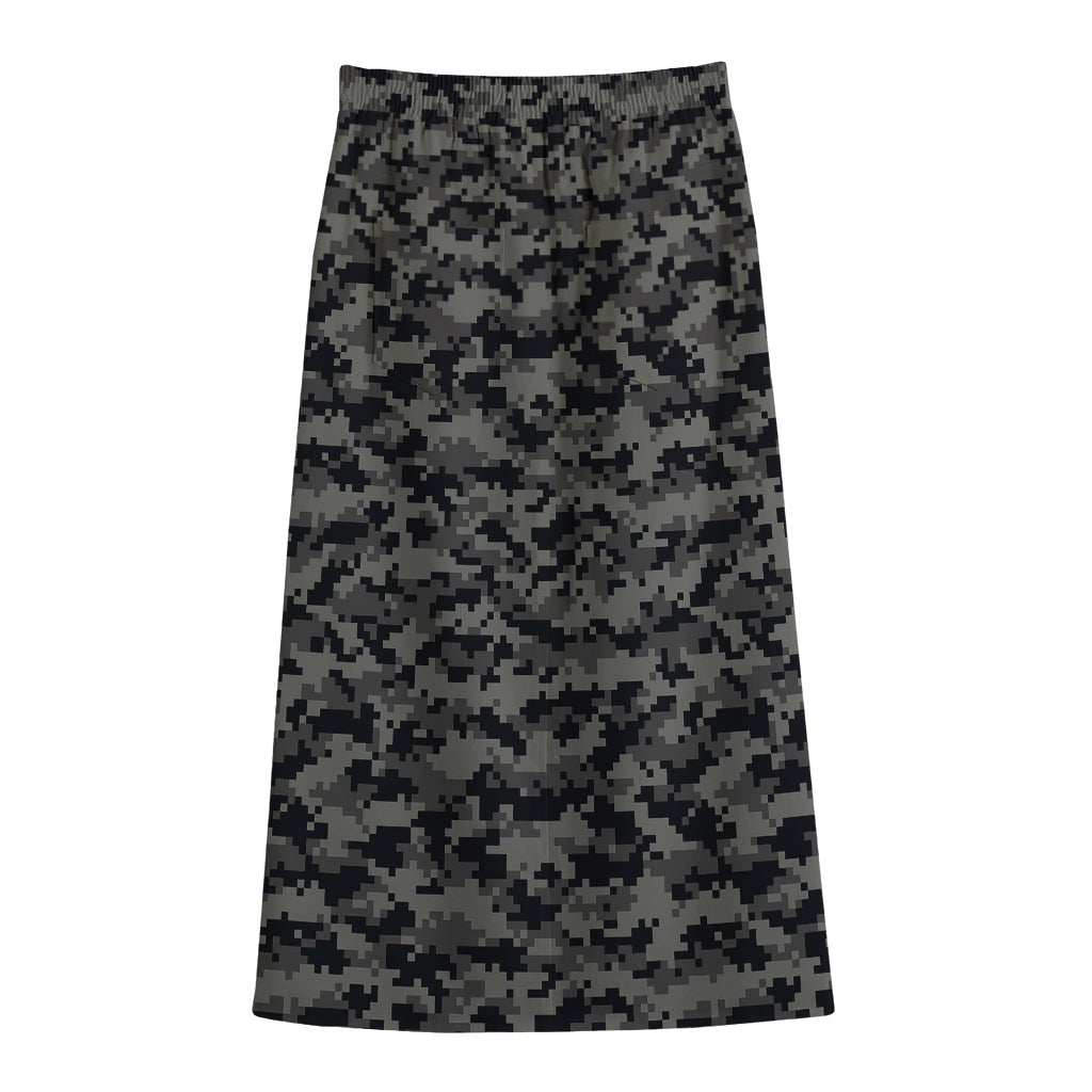 Black And Grey Digital Camo Print Cotton Front Slit Maxi Skirt