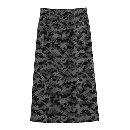 Black And Grey Digital Camo Print Cotton Front Slit Maxi Skirt