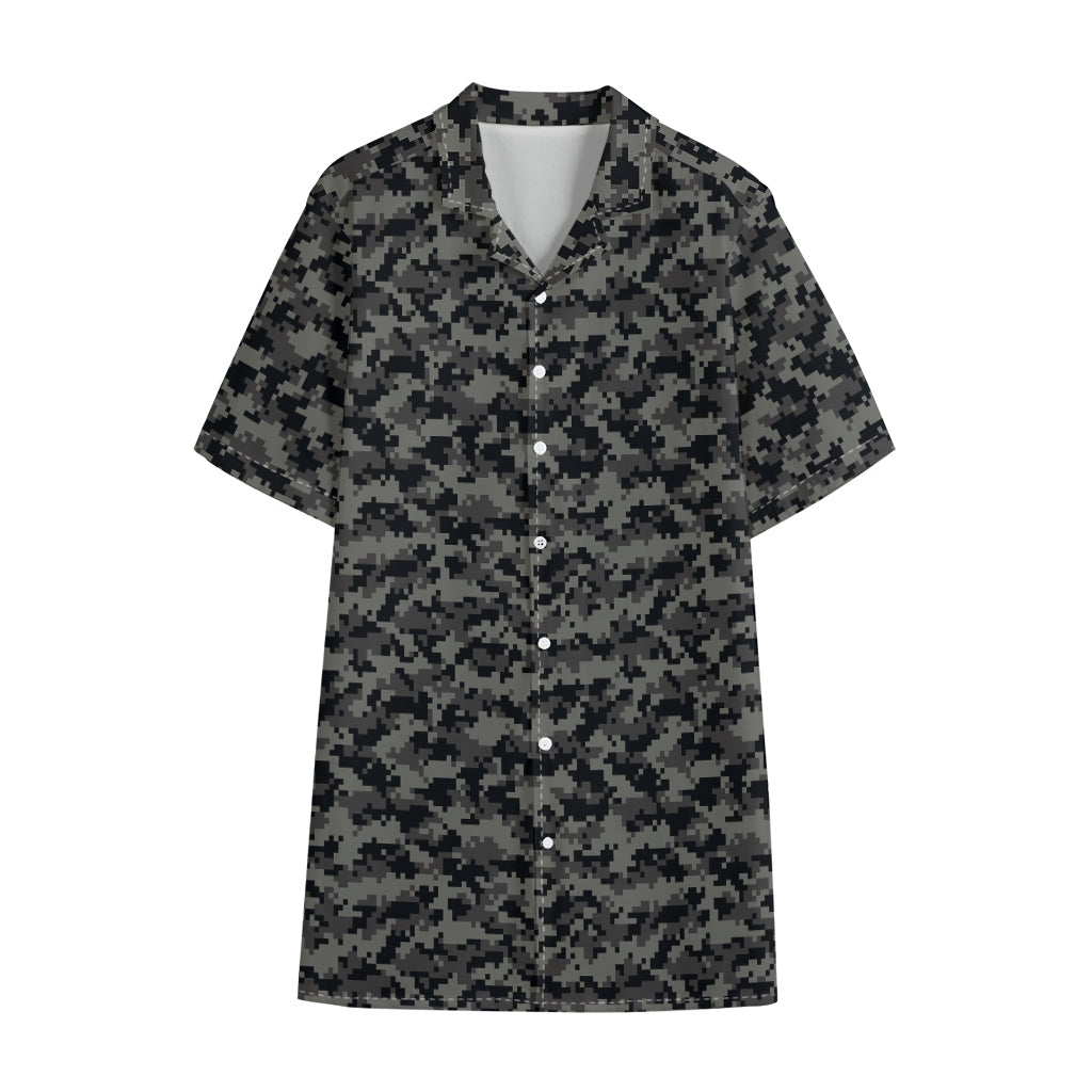 Black And Grey Digital Camo Print Cotton Hawaiian Shirt