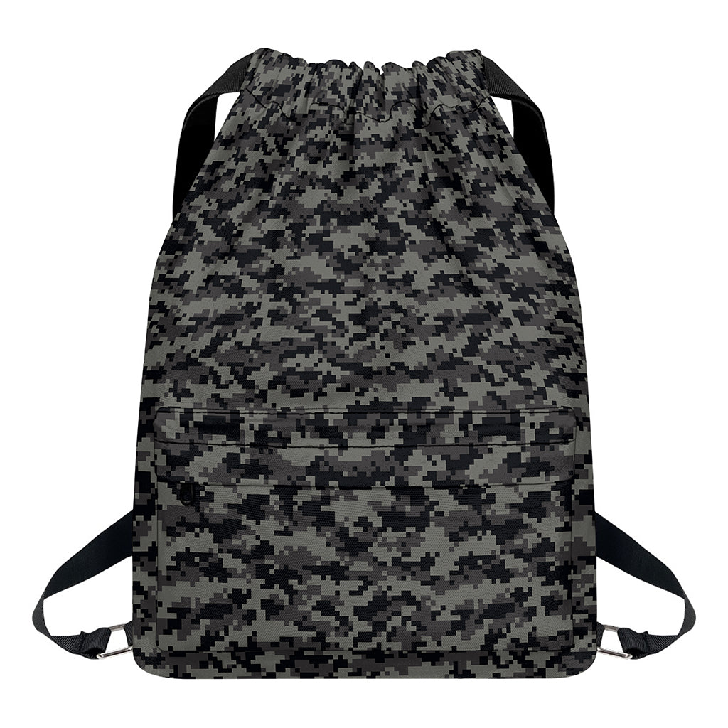 Black And Grey Digital Camo Print Drawstring Backpack