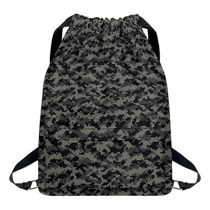 Black And Grey Digital Camo Print Drawstring Backpack