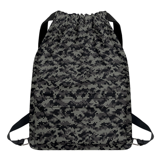 Black And Grey Digital Camo Print Drawstring Backpack