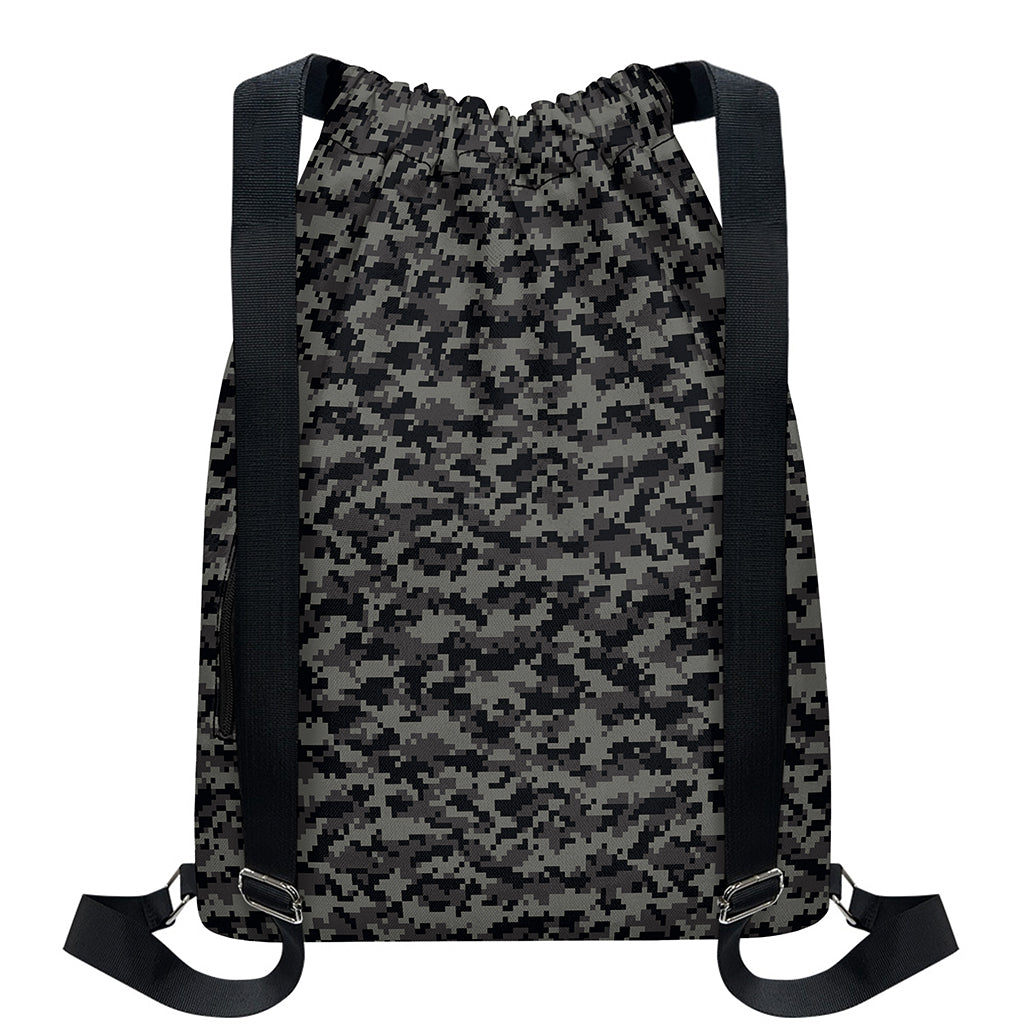 Black And Grey Digital Camo Print Drawstring Backpack