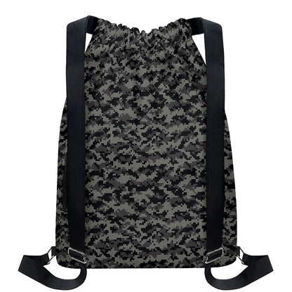 Black And Grey Digital Camo Print Drawstring Backpack