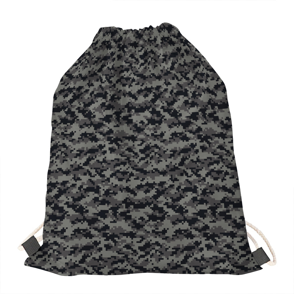 Black And Grey Digital Camo Print Drawstring Bag