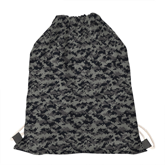 Black And Grey Digital Camo Print Drawstring Bag