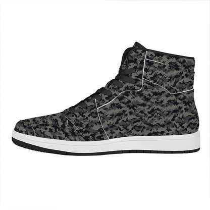 Black And Grey Digital Camo Print High Top Leather Sneakers