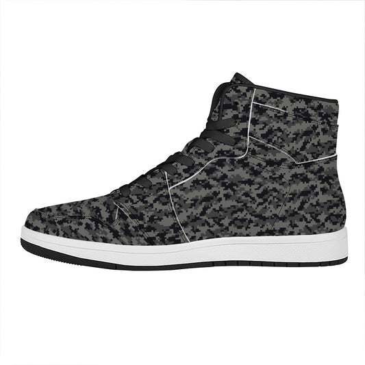 Black And Grey Digital Camo Print High Top Leather Sneakers