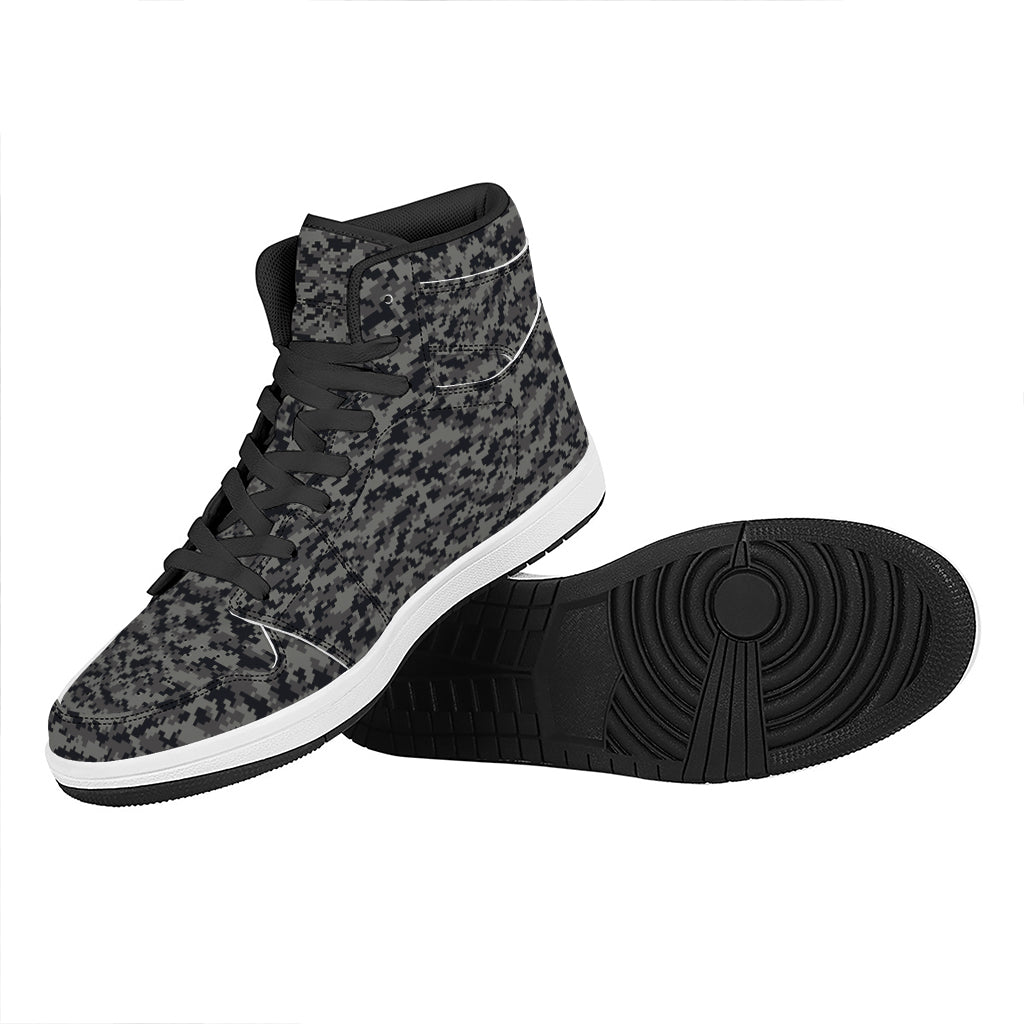 Black And Grey Digital Camo Print High Top Leather Sneakers