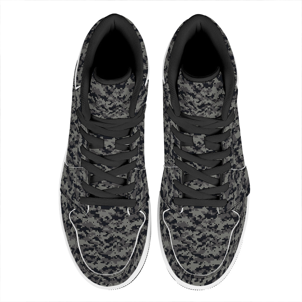 Black And Grey Digital Camo Print High Top Leather Sneakers