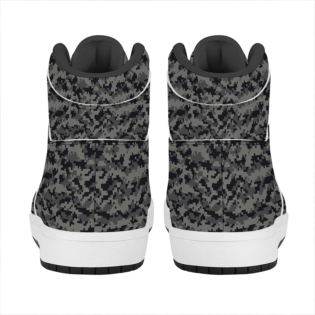 Black And Grey Digital Camo Print High Top Leather Sneakers