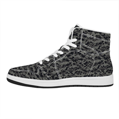Black And Grey Digital Camo Print High Top Leather Sneakers