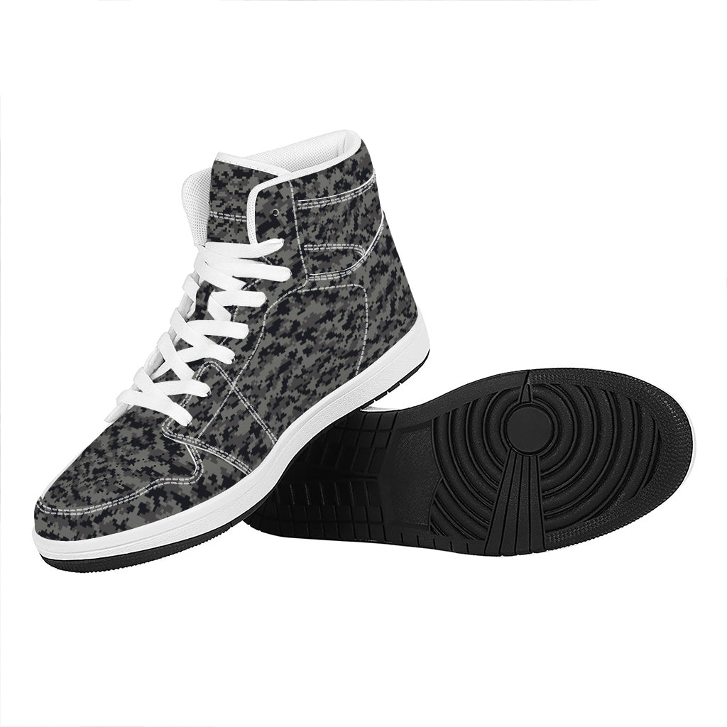 Black And Grey Digital Camo Print High Top Leather Sneakers