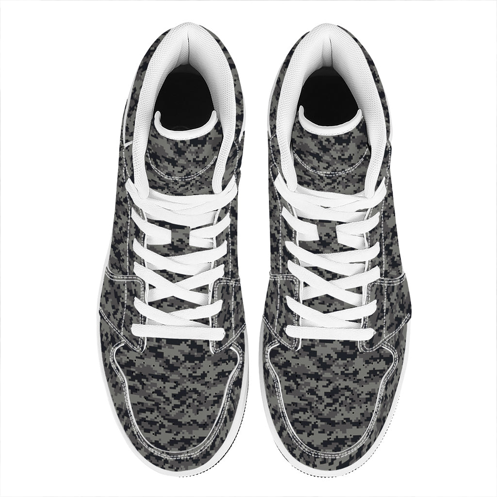 Black And Grey Digital Camo Print High Top Leather Sneakers