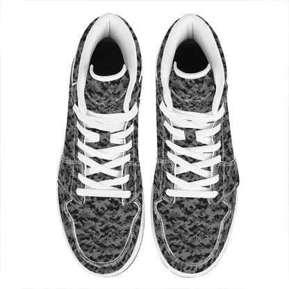 Black And Grey Digital Camo Print High Top Leather Sneakers