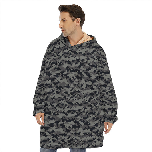 Black And Grey Digital Camo Print Hoodie Blanket