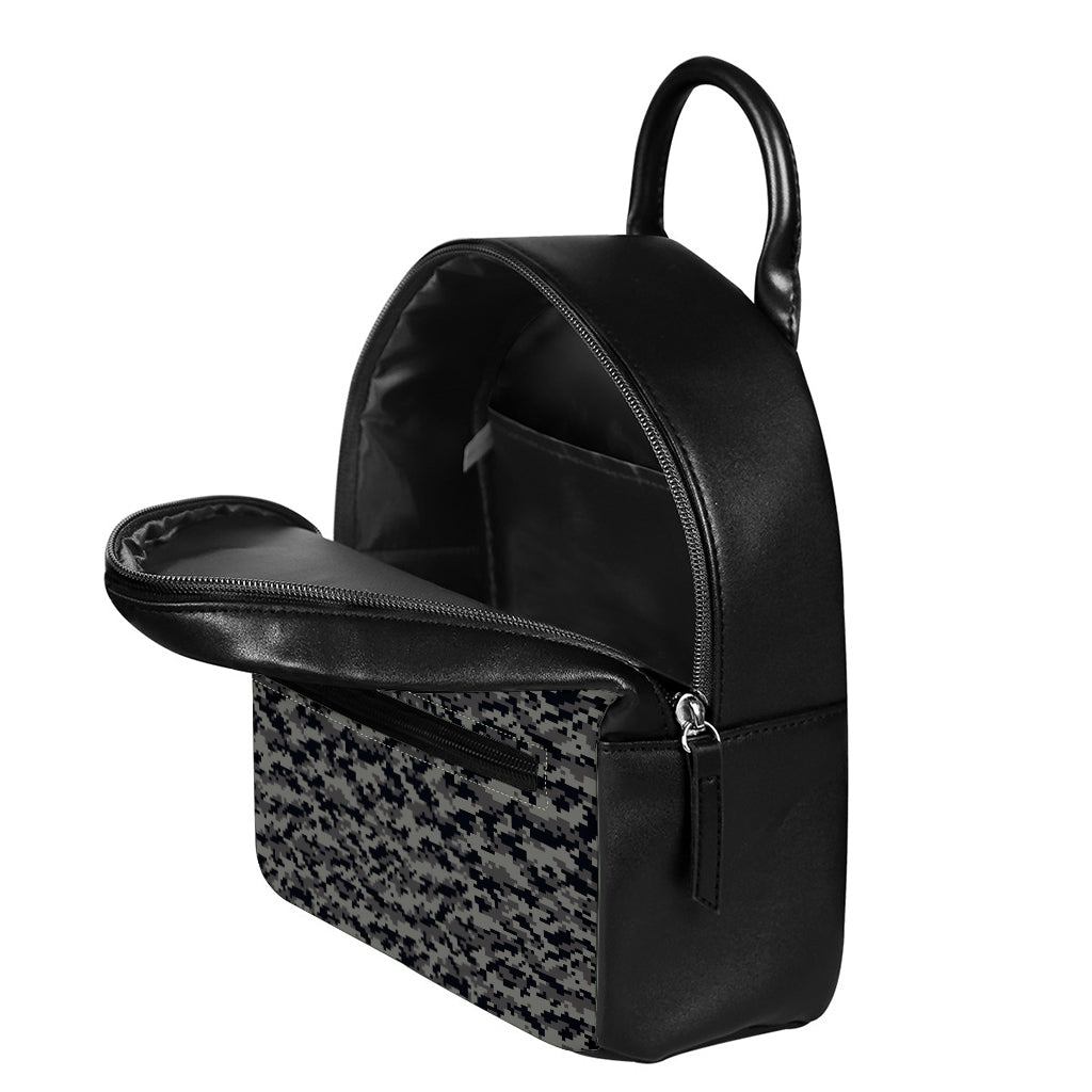 Black And Grey Digital Camo Print Leather Backpack