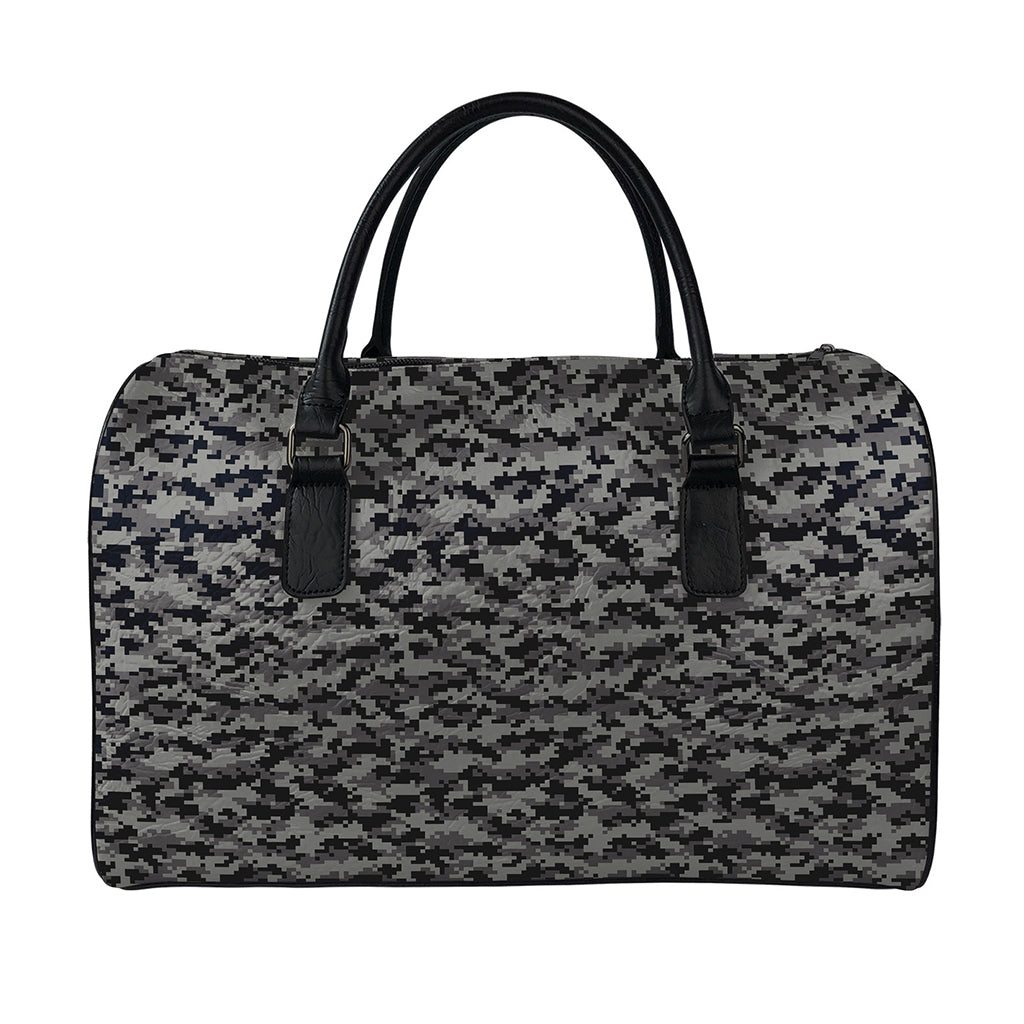 Black And Grey Digital Camo Print Leather Duffle Bag