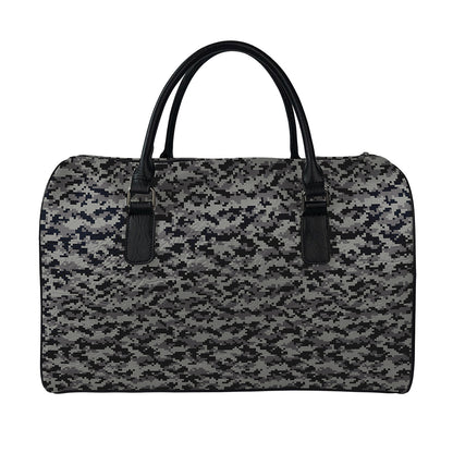 Black And Grey Digital Camo Print Leather Duffle Bag