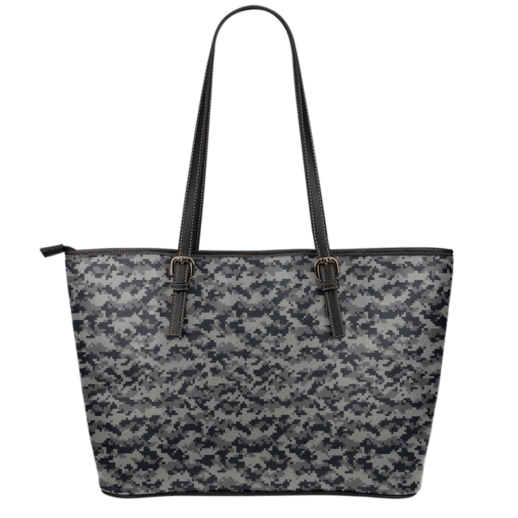 Black And Grey Digital Camo Print Leather Tote Bag