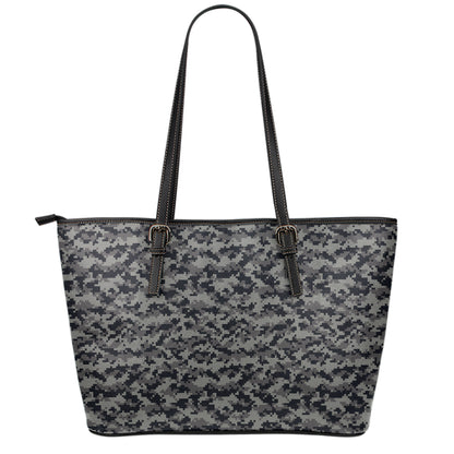 Black And Grey Digital Camo Print Leather Tote Bag
