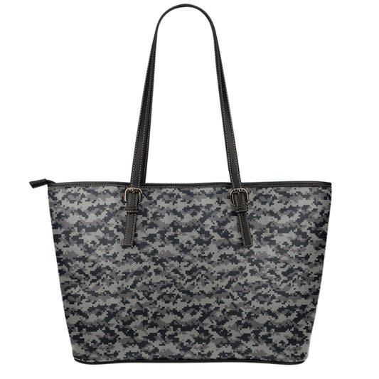 Black And Grey Digital Camo Print Leather Tote Bag