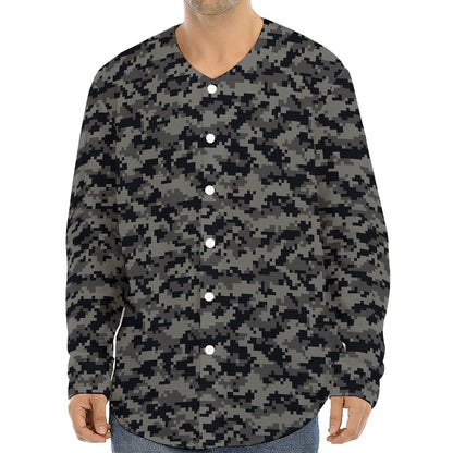 Black And Grey Digital Camo Print Long Sleeve Baseball Jersey