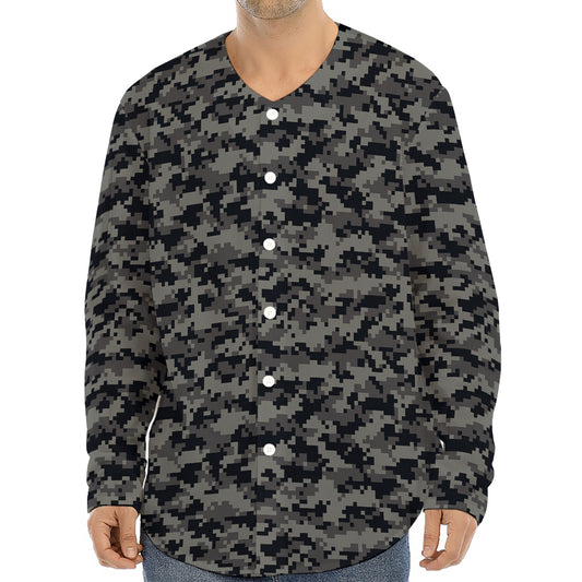 Black And Grey Digital Camo Print Long Sleeve Baseball Jersey