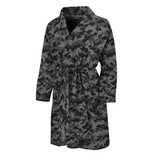 Black And Grey Digital Camo Print Men's Bathrobe