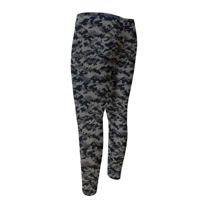 Black And Grey Digital Camo Print Men's Compression Pants