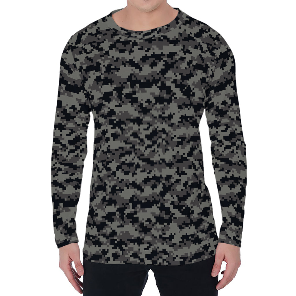 Black And Grey Digital Camo Print Men's Long Sleeve T-Shirt